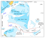 Figure 7.  Map showing the major physiographic features in the vicinity of the study area (National Oceanic Atmospheric Administration, 1996).  Map also shows the extents of the multibeam bathymetry and sidescan-sonar datasets and the maximum strengths and directions of ebb tidal flow in the channels.
