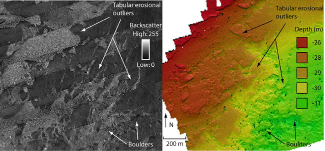 Figure 14. Detailed view of sidescan-sonar imagery and corresponding hill-shaded bathymetry showing tabular erosional outliers.