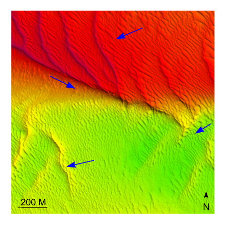 Figure 31. Detailed planar view of multibeam bathymetry from survey H11361 showing net transport directions near the western end of the shoal.