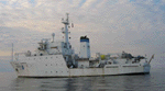 Figure 5. Port-side view of the NOAA Ship THOMAS JEFFERSON at sea.  Note that the 30-foot survey launch normally stowed on this side of the ship has been deployed.