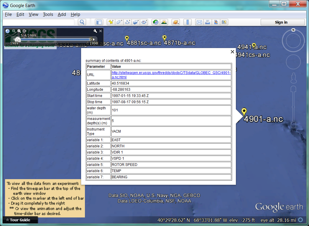 A popup display of metadata about sensor 4903-a.nc as accessed from the GLOBEC Great South Channel Experiment's .kml file.