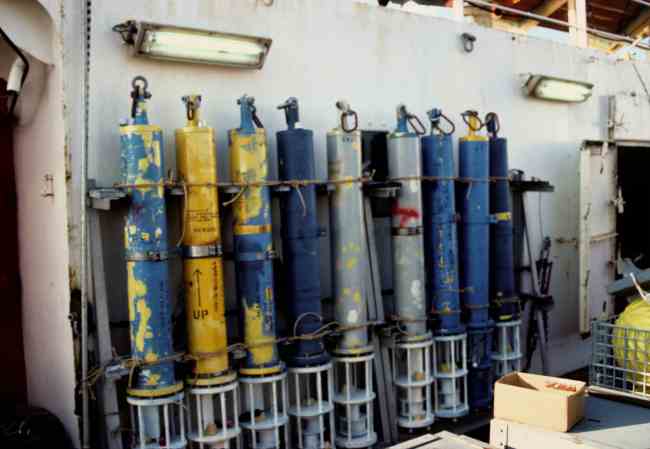 Figure 8A.  Vector Averaging Current meters (VACM) stored in a rack on deck en route to an experiment offshore of California. 