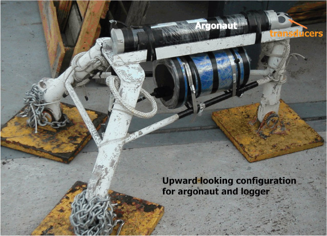 Figure 12.  A SonTek Argonaut-XR Acoustic Doppler Profiler mounted on a tripod in upward-looking configuration.  