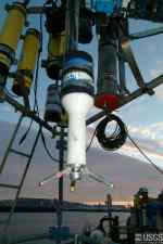 Figure 14. A 5-megahertz Ocean Acoustic Doppler Velocimeter mounted on a tripod.  