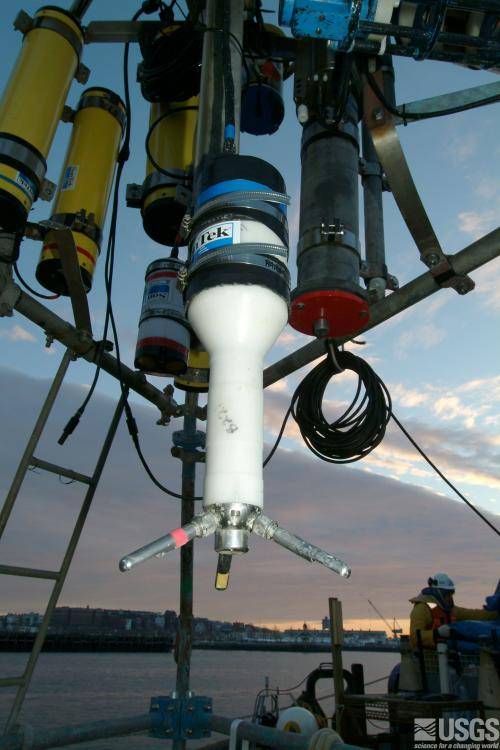 Figure 14.  A 5-MHz Ocean Acoustic Doppler Velocimeter mounted on a tripod. 