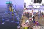 Figure 4A. Large bottom tripod frame being deployed from the U.S. Coast Guard Cutter Marcus Hanna at a site in Massachusetts Bay.   