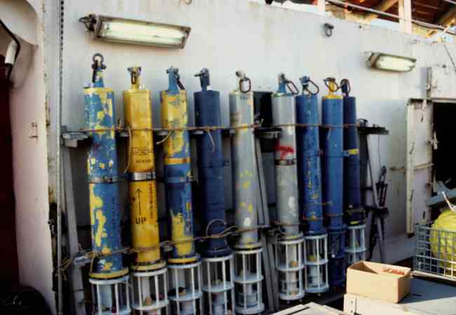 Figure 6A.  Vector Averaging Current meters (VACM) stored in a rack on deck en route to an experiment offshore of California. 