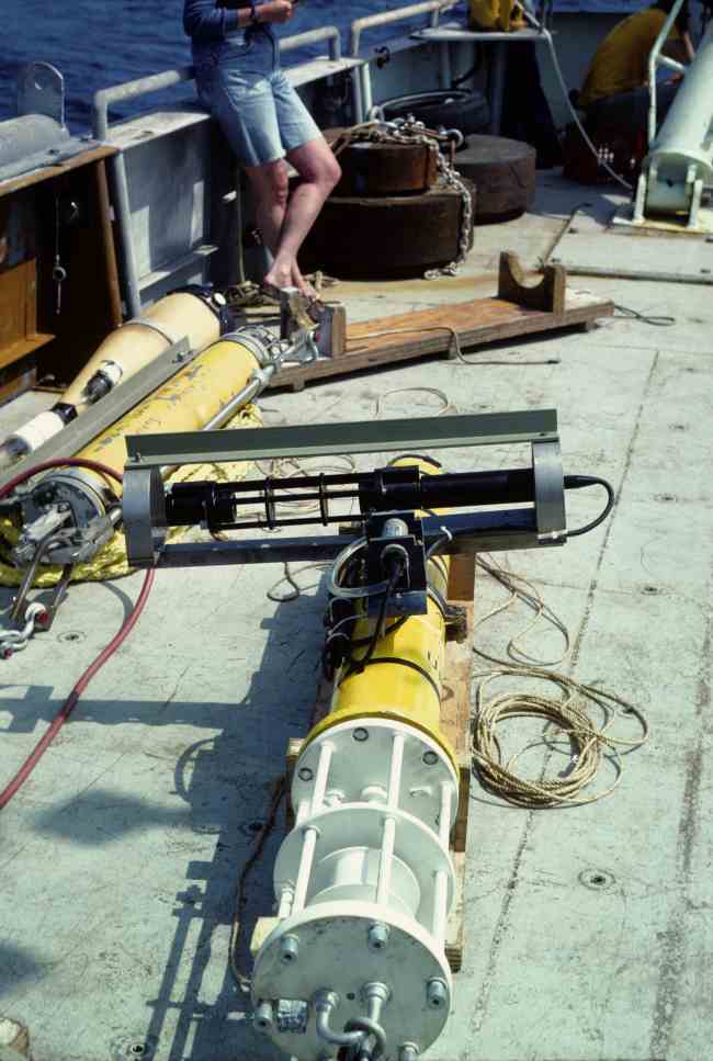 Figure 6b.  A Vector Averaging Current Meter (VACM) with Sea Tech transmissometer mounted horizontally in a protective bracket.  