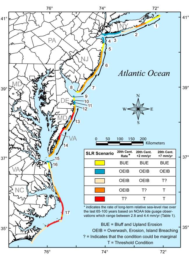 Figure 3.  Map showing the potential sea-level rise responses for each coastal compartment. 