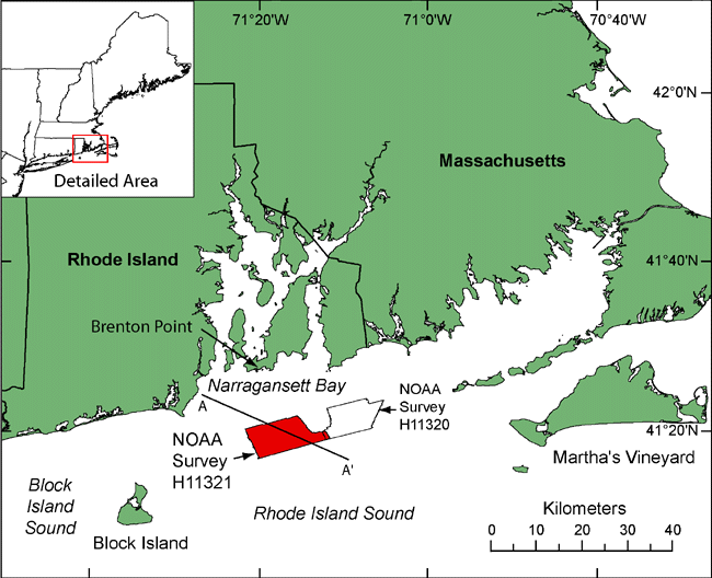 Figure 1. Location map of NOAA Survey H11321 study area in Rhode Island Sound (red polygon). NOAA Survey H11320 (McMullen and others, 2007) overlaps the eastern end of the study area (black outline). Location of interpreted stratigraphy profile A-A' (fig. 3) is also shown. 