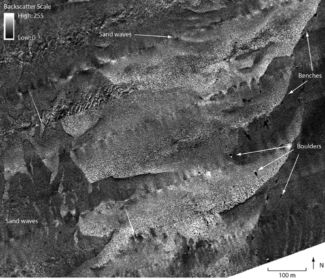 Figure 13. Detailed sidescan-sonar image of the southeastern part of the study area showing boulders, sand waves, and benches. 