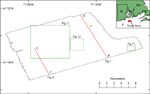 Figure 2. Map showing the outline of the study area, locations of historic seismic-reflection data, the locations of detailed views, and the location of a sand sample.