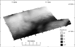 Figure 6. Bathymetric image of study area from sounding and multibeam data. Light tones represent shallower depths and dark tones represent deeper areas. A ridge is located across the northern and western parts of the study area. A channel is located south of the ridge and north and west of a bathymetric high in the southeast. Another bathymetric low is located in the southeastern corner of the study area.