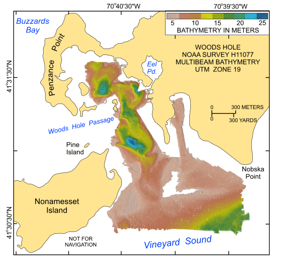 Figure 16. Digital terrain model (DTM) of the sea floor produced from multibeam bathymetry collected during National Oceanic and Atmospheric Administration survey H11077 of Woods Hole, Massachusetts. Image is sun-illuminated from the north and vertically exaggerated 5x.