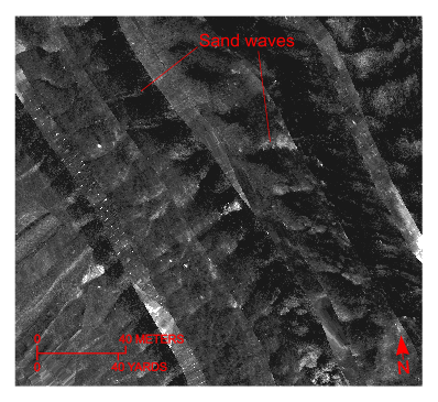 Figure 28. Detailed planar view of the sidescan-sonar mosaic produced during National Oceanic and Atmospheric Administration survey H11077 of Woods Hole, Massachusetts, showing relatively straight to sinuous alternating bands of high and low backscatter (“tiger-stripe”) pattern indicative of transverse sand waves. Location of view, which is in the channel west of Great Ledge, is shown in figure 19. 