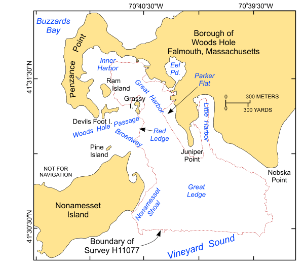 Figure 2. Index map of Woods Hole showing the boundary of the study area (red polygon) and local physiographic features. 