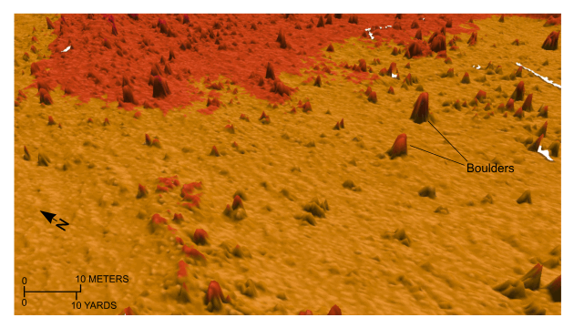 Figure 39. Detailed perspective view of the small, isolated elevations interpreted to be boulders on the southwestern flank of Great Ledge. Location of view is shown in figure 19.