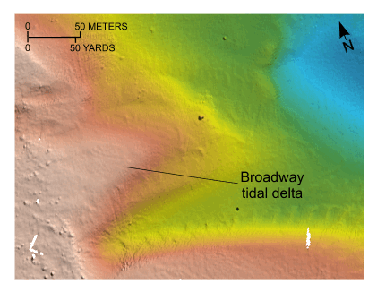 Figure 49. Detailed planar view of the digital terrain model produced during National Oceanic and Atmospheric Administration survey H11077 of Woods Hole, Massachusetts. Image shows the tidal delta at the eastern end of Broadway, a southeastward-trending passage in Woods Hole. Location of view is shown in figure 19. 