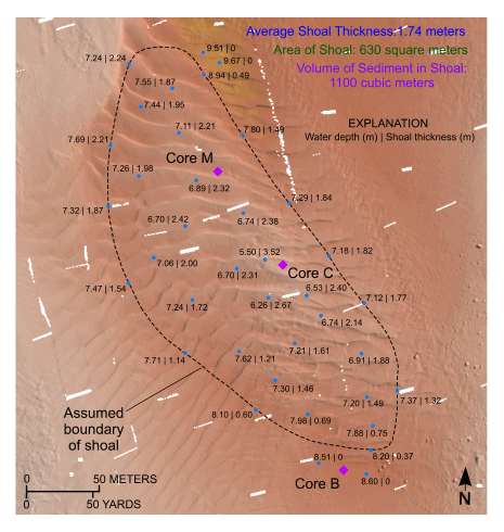 Figure 56. Detailed planar view of the shoal west of Great Ledge. Image shows the extent of the shoal (dashed lines) and vibracore stations. Numbers separated by vertical lines show mean lower low water depth and thickness of the shoal above the surrounding sea floor, respectively. Location of view is shown in figure 19. 