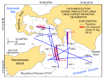 Figure 11. Map showing the locations of the tracklines (blue lines) along which the chirp high-resolution seismic-reflection data were collected during the November 2007 Rafael 07034 cruise and the locations of line segments shown in figures 29-32 (red segments).