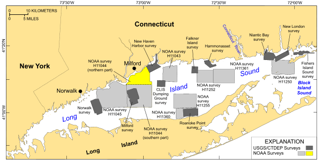 Figure 1. Map showing location of the interpolated bathymetry from the northern part of National Oceanic and Atmospheric Administration (NOAA) survey H11044 (yellow polygon).