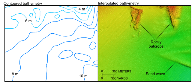 Figure 8. Detailed views of the contoured (left) and interpolated (right) bathymetry from National Oceanic and Atmospheric Administration survey H11044 south of Charles Island. Note the improved resolution of the rocky outcrops in the interpolated image. Location of view is shown in figure 2. 