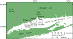 Figure 1. Locations of National Oceanic and Atmospheric Administration (NOAA) surveys H11043, H11044, and H11045 in Long Island Sound. 