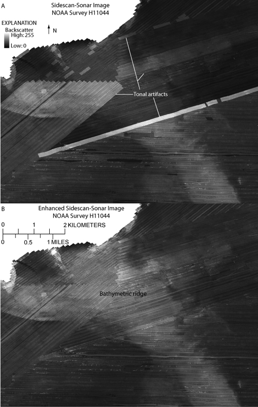 Figure 5. Detailed image of (A) sidescan-sonar imagery from National Oceanic and Atmospheric Administration survey H11044 and (B) enhanced imagery. The backscatter tones in groups of adjacent lines were matched to surrounding backscatter tones, as were tones of individual lines and segments. The high backscatter associated with an elongated bathymetric ridge is more easily delineated in the enhanced imagery. Lighter tones represent higher backscatter, and darker tones represent lower backscatter. Locations of images shown in fig. 4.