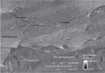 Figure 10. Detailed sidescan-sonar image of an area containing scarps, which show a sharp contrast in backscatter that continues along most of the southern slope of the eastern bathymetric high. 