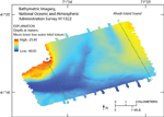 Figure 6. Bathymetric image of National Oceanic and Atmospheric Administration survey H11322 in western Rhode Island Sound. Bathymetric highs are located in the northwest, northeast, and southwest. Channels lie between the northern bathymetric highs and across their southern boundaries. Green lines indicate locations of seismic-reflection profiles B-B' and C-C', shown in figures 7 and 8, respectively. 