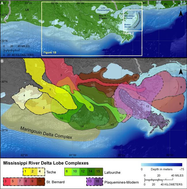 Figure 1. (A) Inset map of the Mississippi Delta region including surrounding portions of coastal Louisiana, Mississippi, Alabama, and Florida. (B) Schematic diagram of Mississippi Delta Comples sublobes showing the relative timing of their development (after Penland and others, 2002). The Chandeleur Islands ile on the eastern edge of the Mississippi Delta (also see Fig. 2), and are associated with the St. Bernard sublobe, which formed between approximately 4600 and 1800 yr BP. 